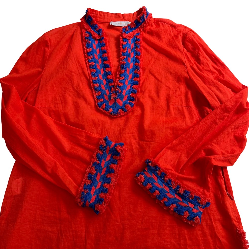 Tory Burch Red Orange Embroidered Fringe Tunic Top Womens Size 14 Side‎ Zip